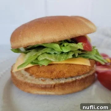 Air fryer chicken patty on a bun with lettuce, cheese and tomato