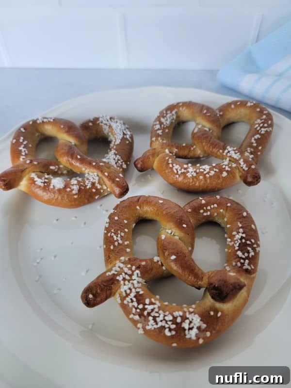 Three pretzels with salt on a white plate