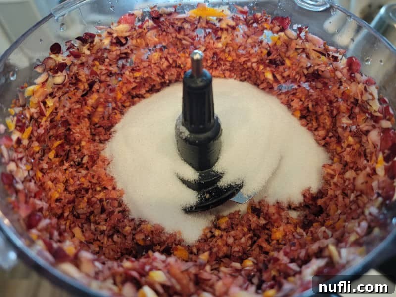 sugar on cranberry relish in food processor