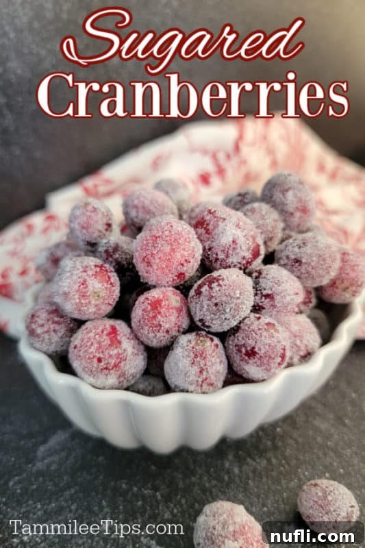 Sugared Cranberries text printed over a bowl filled with sugar coated cranberries, ready for holiday festivities