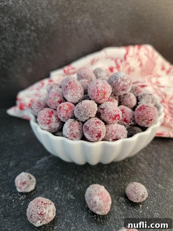 An elegant bowl of sugar coated cranberries, ready for serving or gifting during the holidays