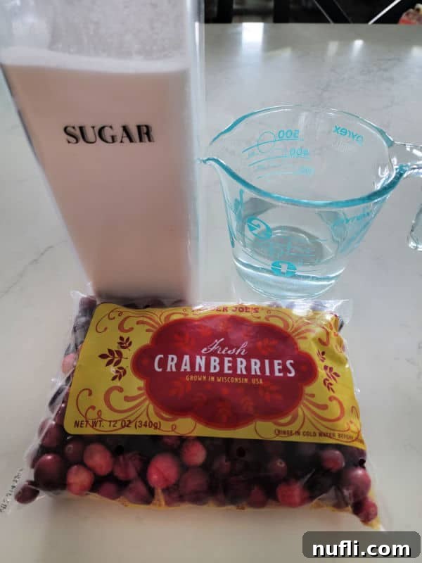 Sugared Cranberries ingredients: fresh cranberries, white granulated sugar, and water laid out on a kitchen surface