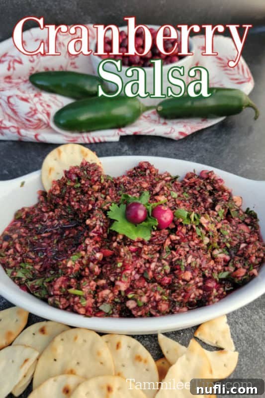 Cranberry Salsa text over a white bowl filled with cranberry salsa next to crackers and jalapenos