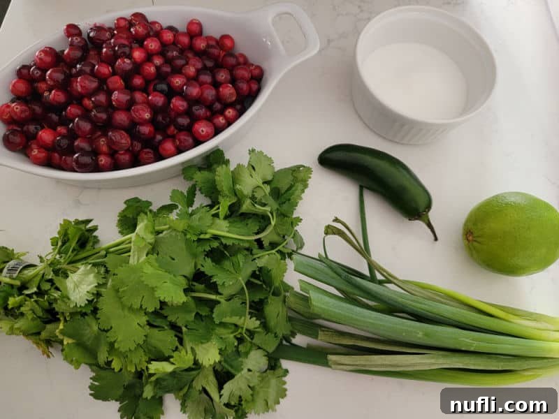 bowl of cranberries, sugar, jalapeno, lime, cilantro, and green onion on a white counter for Cranberry Salsa