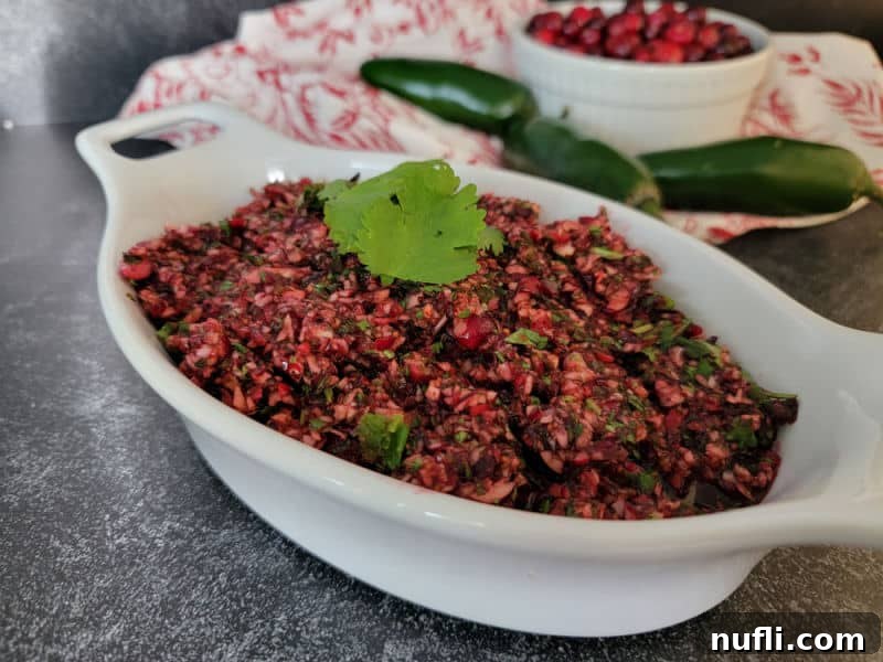 cranberry salsa in a long bowl garnished with cilantro