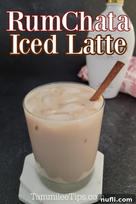 Creamy RumChata Iced Coffee Bliss 2 RumChata Iced Latte in text over a glass of Rumchata Coffee on ice