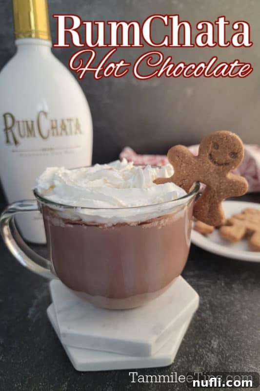 Effortless RumChata Hot Chocolate Treat 2 RumChata hot chocolate text over a glass mug with RumChata hot chocolate and a gingerbread cookie