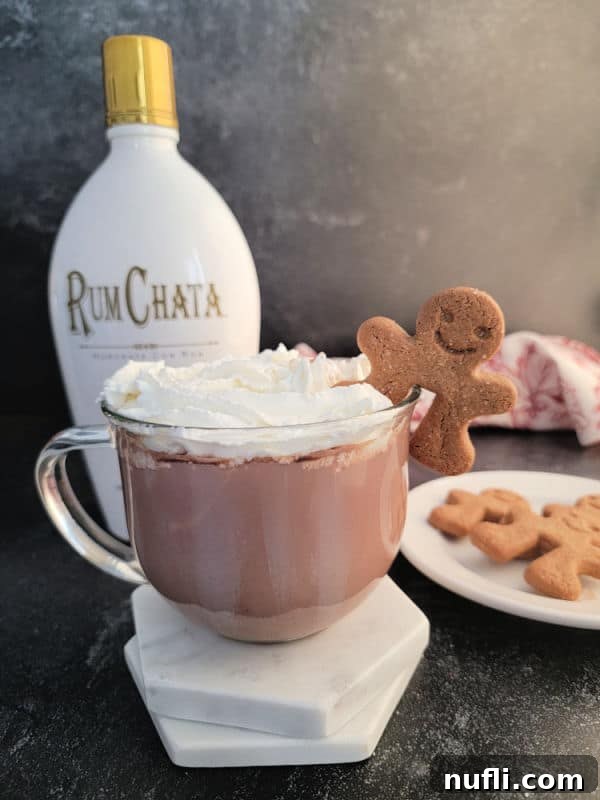 Effortless RumChata Hot Chocolate Treat 5 Glass mug with RumChata Hot Chocolate garnished with whipped cream and a gingerbread cookie with a bottle of RumChata in the background