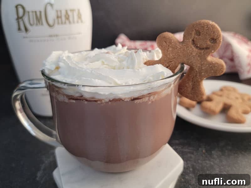 Effortless RumChata Hot Chocolate Treat 7 RumChata Hot Chocolate garnished with whipped cream and a gingerbread cookie