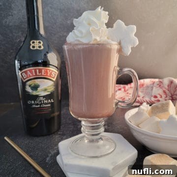 Effortless Baileys Hot Chocolate 6 Baileys Hot Chocolate in a glass mug with whipped cream and a snowflake marshmallow