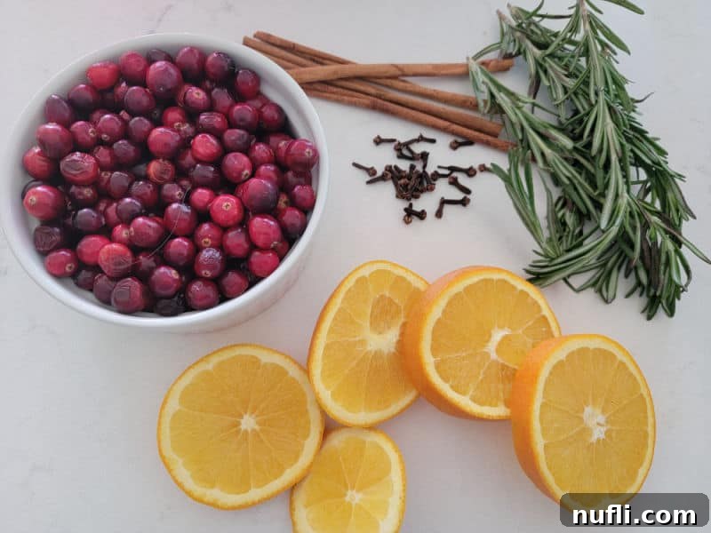 white bowl filled with cranberries, cloves, rosemary, cinnamon sticks, and orange wheels on a white counter for simmering Christmas potpourri
