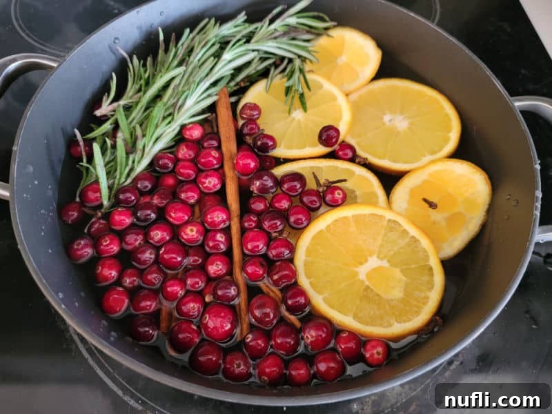 Rosemary, Cranberries, cinnamon stick, and orange wheels in a pot on the stovetop for Christmas Potpourri