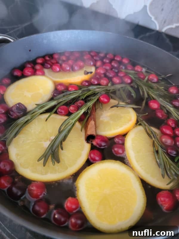 cranberries, rosemary, cinnamon sticks, and orange wheels simmering for Christmas Potpourri