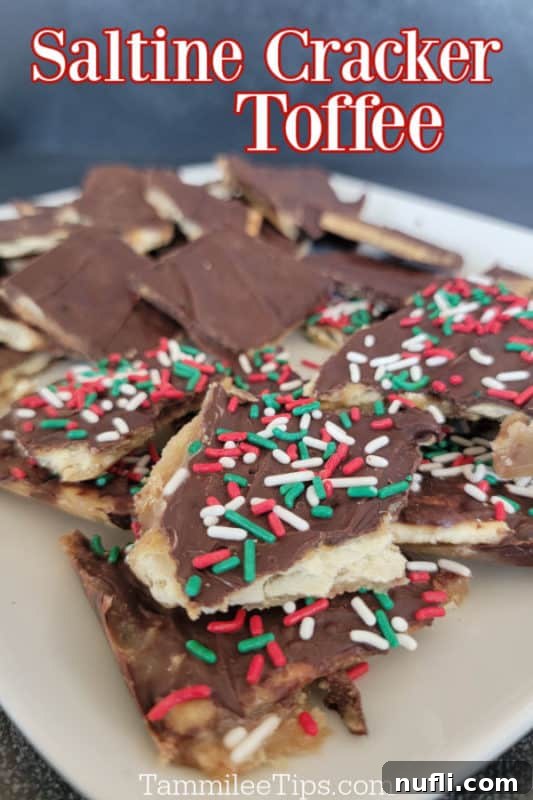 Irresistible 4 Ingredient Christmas Crack 2 Saltine Cracker Toffee text written above a white plate with Christmas Crack covered in holiday sprinkles