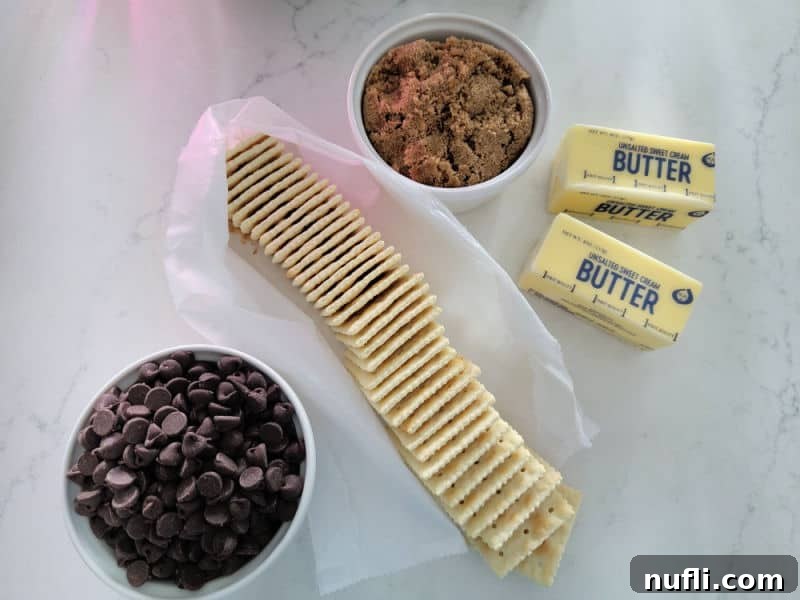 Irresistible 4 Ingredient Christmas Crack 3 4 ingredients for Christmas Crack, milk chocolate chips, saltines, butter, and brown sugar