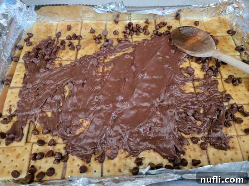 Irresistible 4 Ingredient Christmas Crack 10 Chocolate chips spread out over saltine crackers to make Christmas Crack