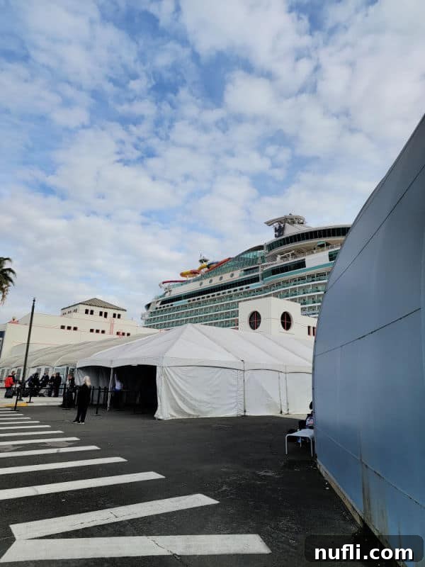 White tents with people on the dock with the top of a cruise ship behind them. 