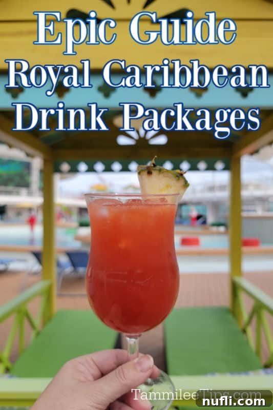 Royal Caribbean Drink Packages text over a hand holding a vibrant red tropical cocktail 