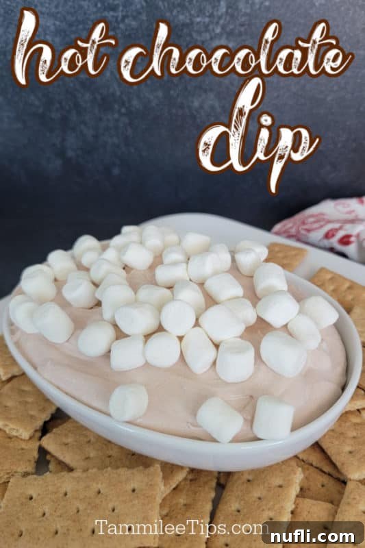 Hot Chocolate Dip text written over a bowl of Hot Cocoa Dip topped with mini marshmallows surrounded by graham crackers