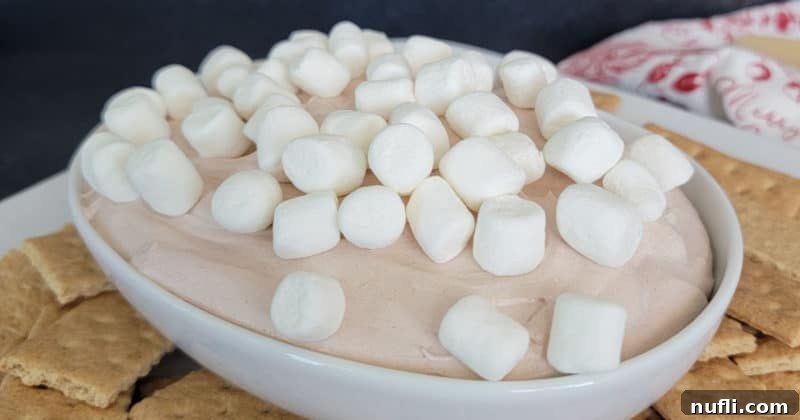 Hot Chocolate dip in a white bowl garnished with mini marshmallows