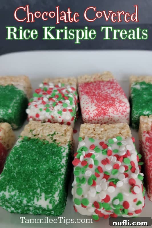 Crispy Chocolate Dream Bites 2 Chocolate Covered Rice Krispie Treats text written over a platter of rice krispie treats