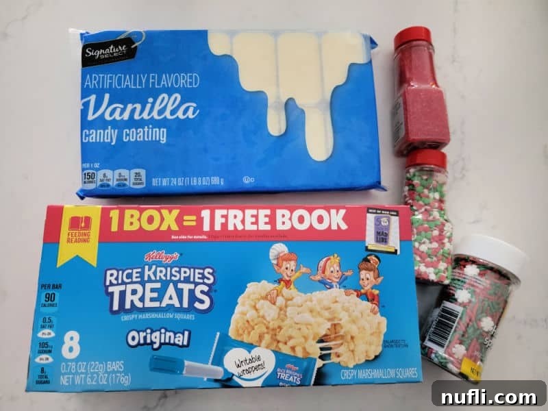 Crispy Chocolate Dream Bites 3 Chocolate covered rice krispie treats ingredients, vanilla candy coating, rice krispie treats and holiday sprinkles