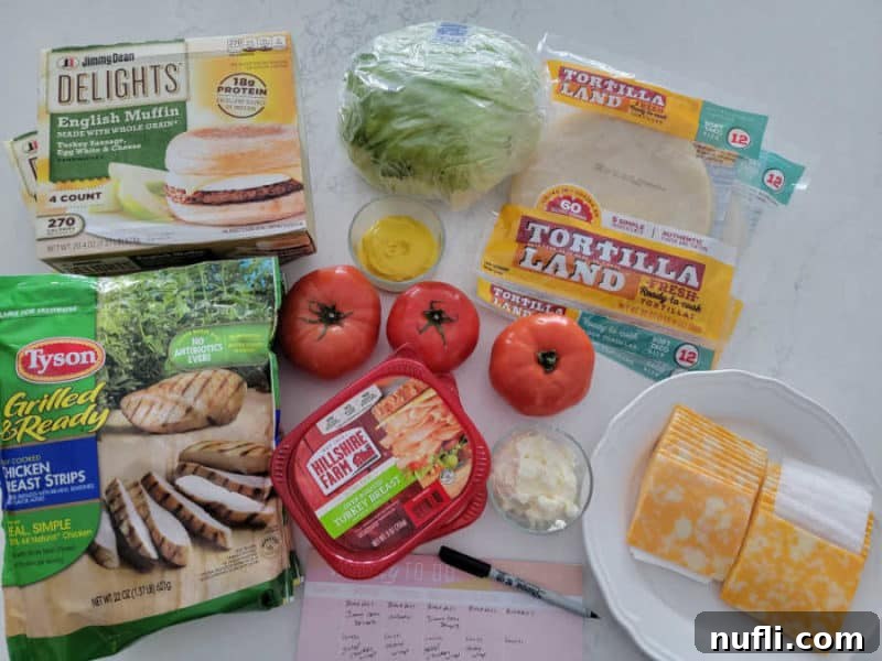 jimmy dean delights, lettuce, tortilla land tortillas, Tyson chicken, Hillshire farm ham, tomatoes, mayo, and cheese 