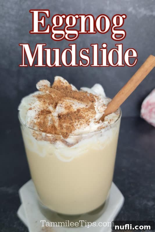 Decadent Eggnog Mudslide 2 Eggnog Mudslide cocktail served in a clear glass, topped with a generous swirl of whipped cream, a sprinkle of ground cinnamon and nutmeg, and a festive cinnamon stick garnish. The text 'Eggnog Mudslide' is superimposed on the image.