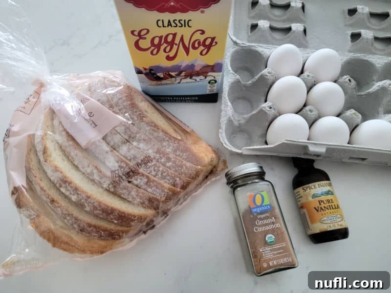 Effortless Eggnog French Toast 3 Eggnog French Toast ingredients, sliced bread, classic eggnog, eggs, ground cinnamon, pure vanilla