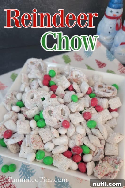 Reindeer Chow text over a white bowl filled with reindeer snack mix on a holiday cloth
