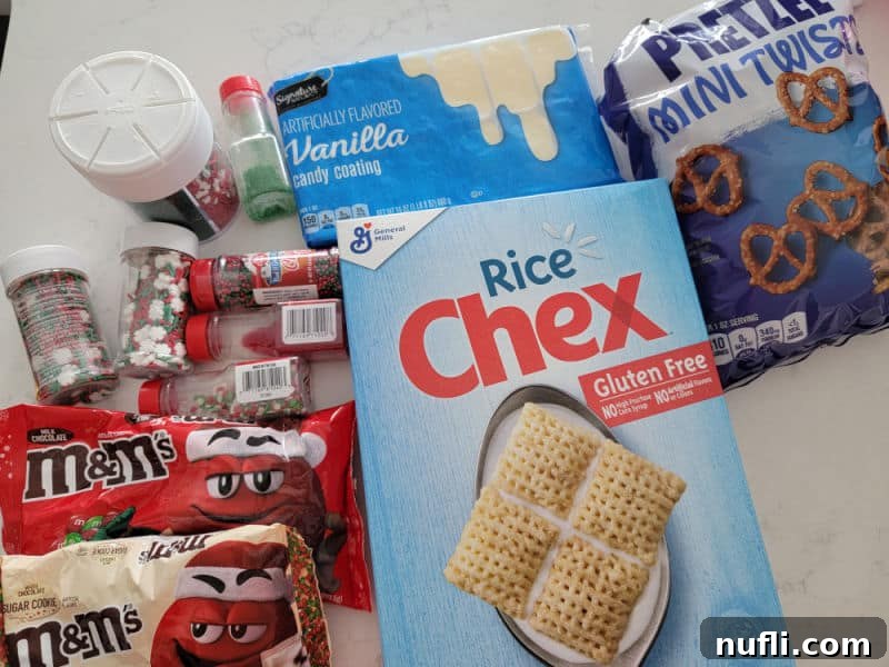 Reindeer Chow recipe ingredients, rice chex, vanilla almond bark, mini pretzels, M&Ms, sprinkles