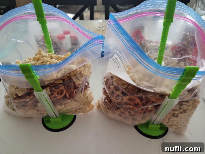 Ziploc bag holders holding reindeer chow