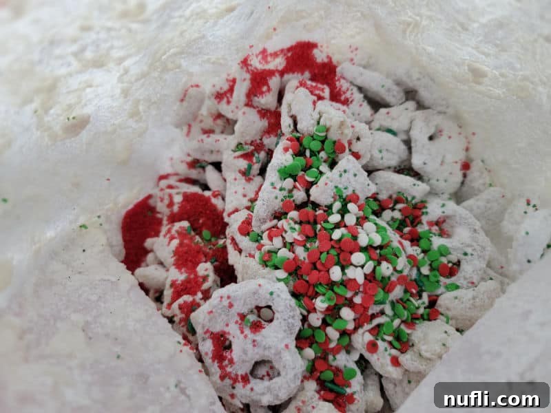 Christmas sprinkles over Reindeer Chow Recipe