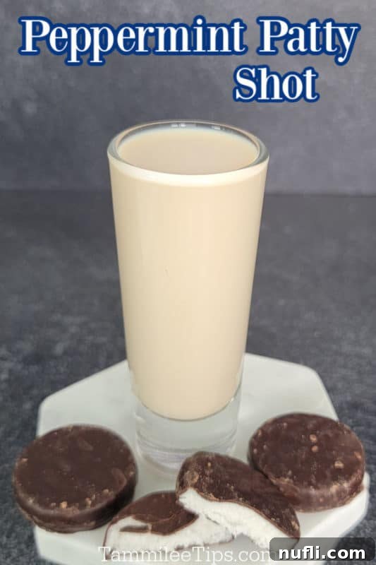 Peppermint Patty Shot over a shot glass next to peppermint patty candies