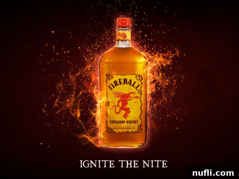 Ignite the Nite printed below a bottle of Fireball with flames
