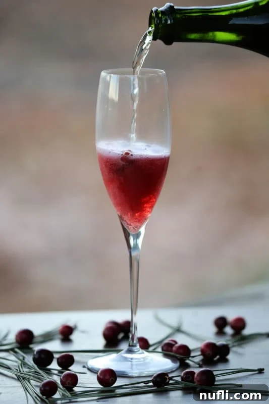 A hand pouring sparkling champagne into a delicate champagne glass already holding a layer of cranberry juice and fresh cranberries.