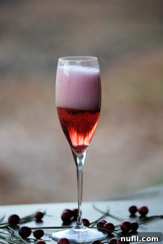A champagne flute filled with a sparkling Cranberry Mimosa, showing the vibrant red color and delicate bubbles. Fresh cranberries are floating at the bottom.