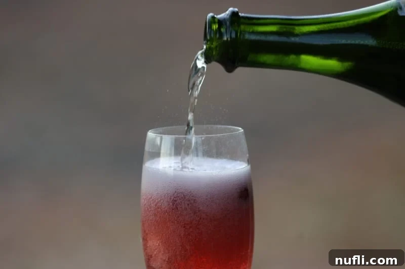 Champagne being poured into a Cranberry Mimosa in a champagne flute, highlighting the effervescence and vibrant red color against a soft background.