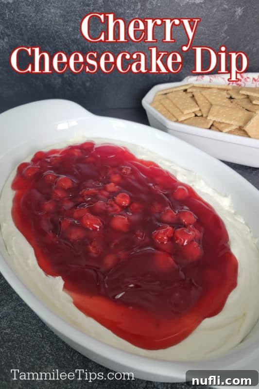 Cherry Cheesecake Dip text written over a white serving bowl with no bake cherry cheesecake dip graham crackers