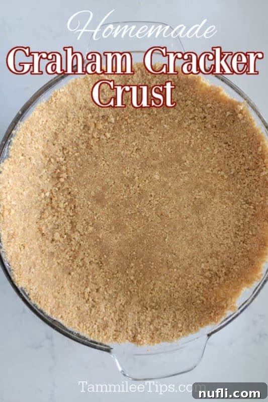 Homemade graham cracker crust printed above a Graham Cracker Crust in a glass pie pan