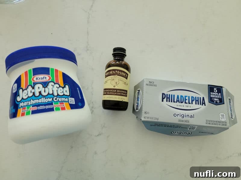 Marshmallow Fruit Dip ingredients, jet puff marshmallow crème, vanilla, and Philadelphia cream cheese 