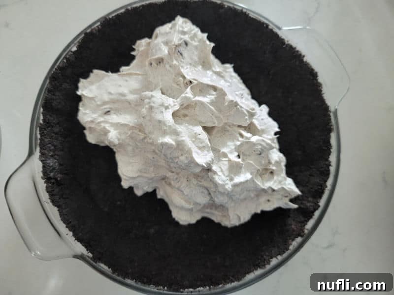 No Bake Oreo Cheesecake on top of a homemade oreo cookie crumb crust