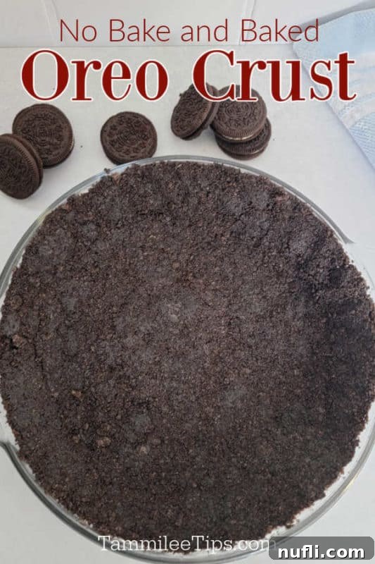 Easy Oreo Pie Crust 2 No bake and baked Oreo Crust over a Oreo pie crust in a pie pan and a few Oreo Cookies