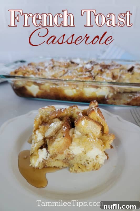 Golden brown Overnight French Toast Casserole drizzled with maple syrup, with a serving on a plate beside it, ready to be enjoyed.