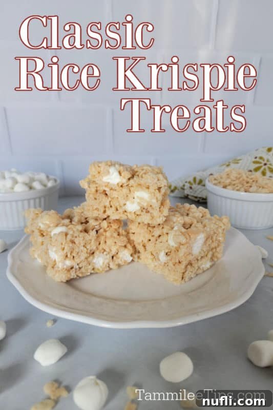 Classic Rice Krispie Treats text written over a plate with 3 Rice Krispie treats. Bowl of mini marshmallows and Rice Krispies in the background. 