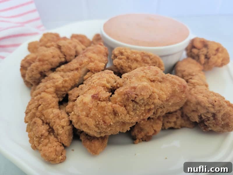 Chicken strips on a white plate next to a bowl of sauce