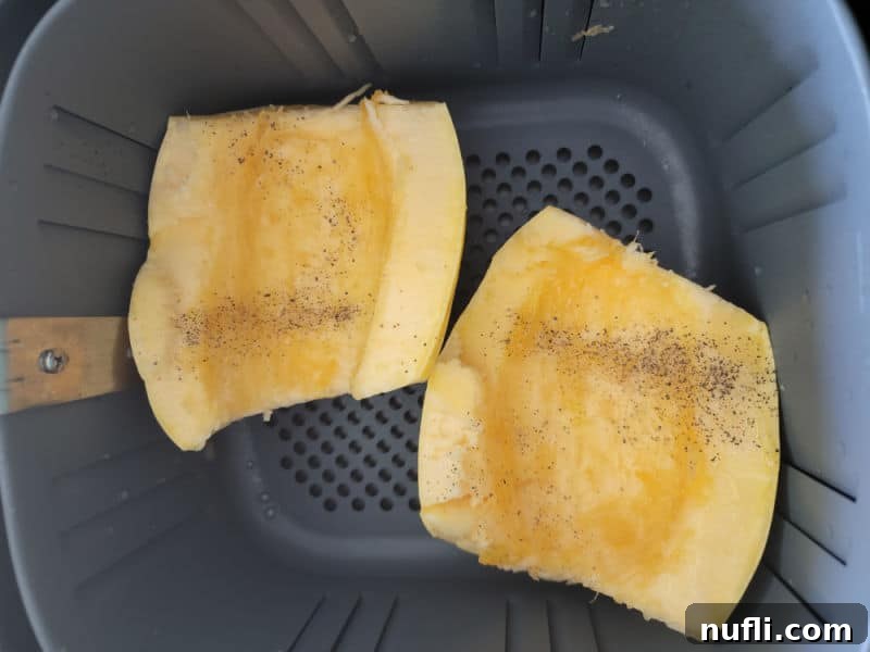seasoned spaghetti squash in the air fryer basket