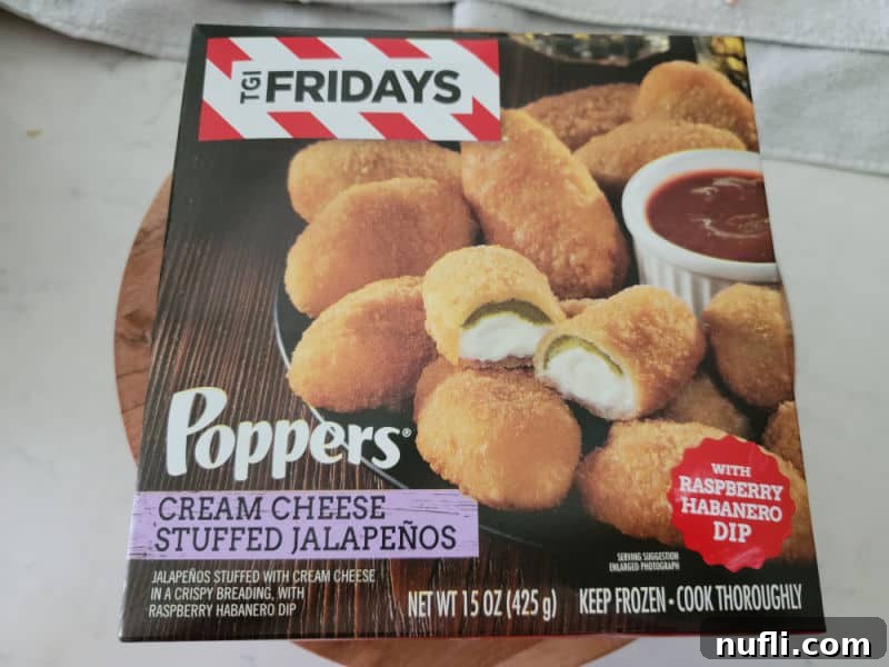 Crispy Air Fryer Frozen Jalapeno Poppers 3 Box of TGI Fridays jalapeño poppers, ready for air frying.