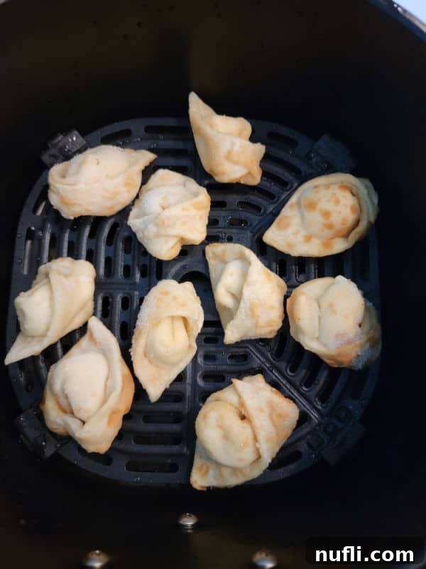 Close-up of frozen cream cheese wontons neatly arranged in a single layer in an air fryer basket, ready for cooking