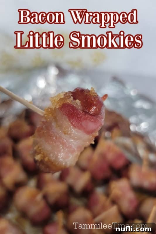 Close-up of golden-brown bacon wrapped little smokies with a toothpick, glistening with brown sugar glaze, ready to be served on a platter.